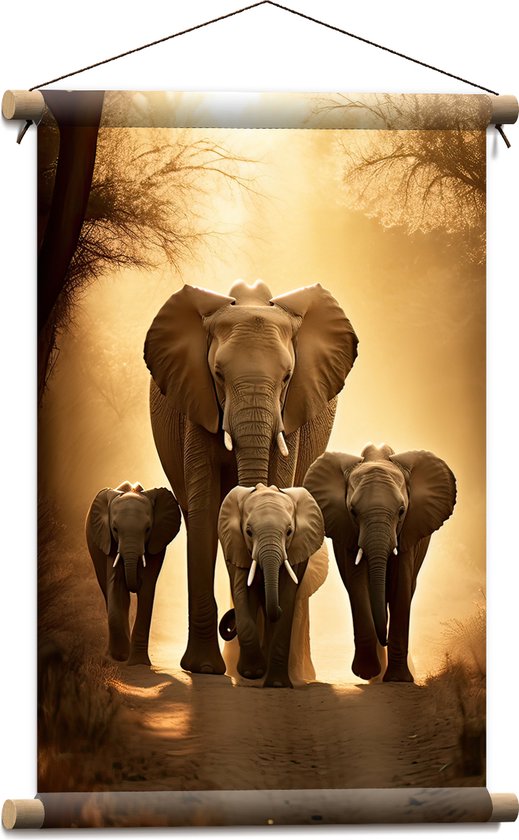 Textielposter - Lopende Olifant met Drie Jongen over bospad - 40x60 cm Foto op Textiel