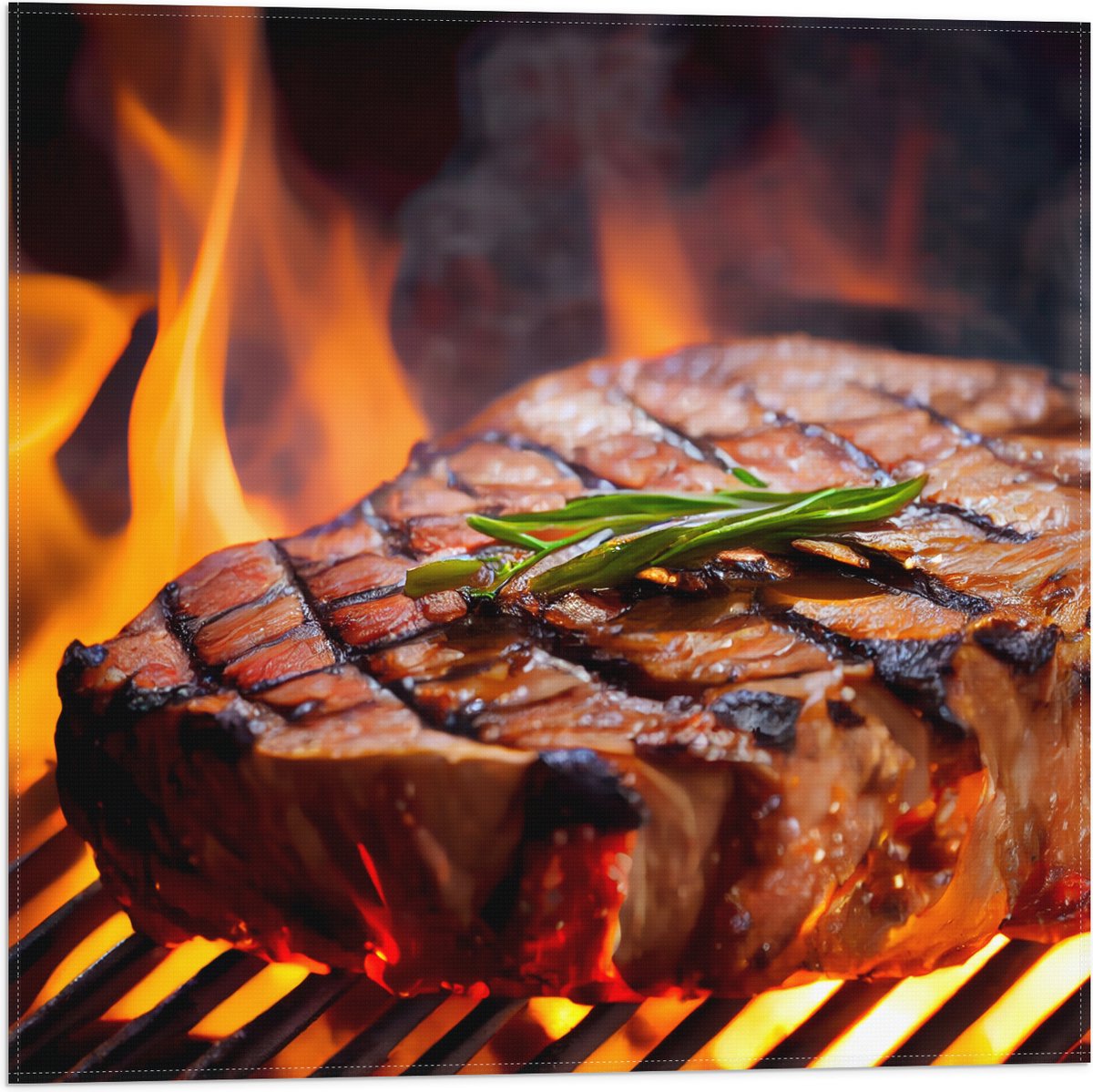 Vlag - Brandende Steak op Barbecue - 50x50 cm Foto op Polyester Vlag