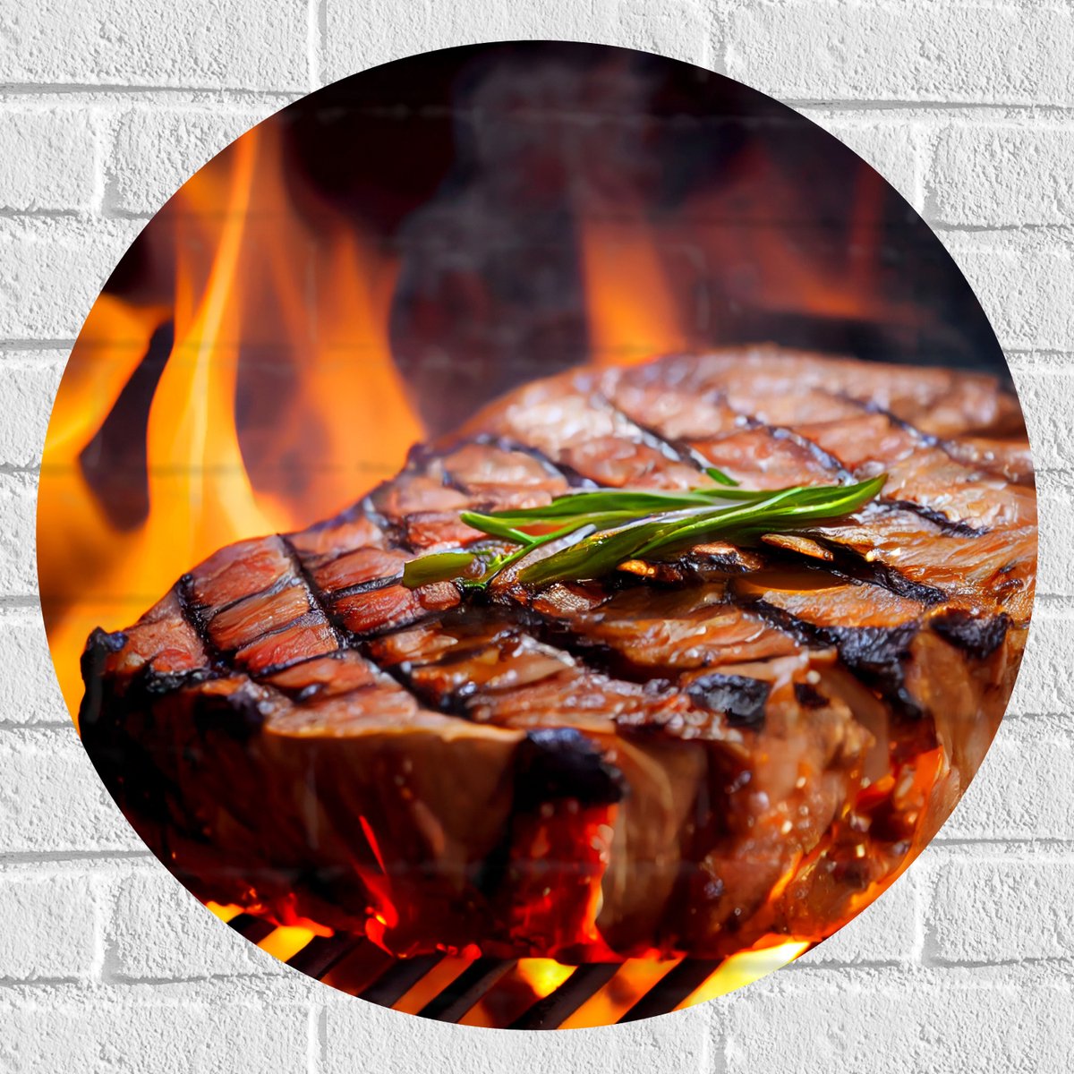 Muursticker Cirkel - Brandende Steak op Barbecue - 60x60 cm Foto op Muursticker
