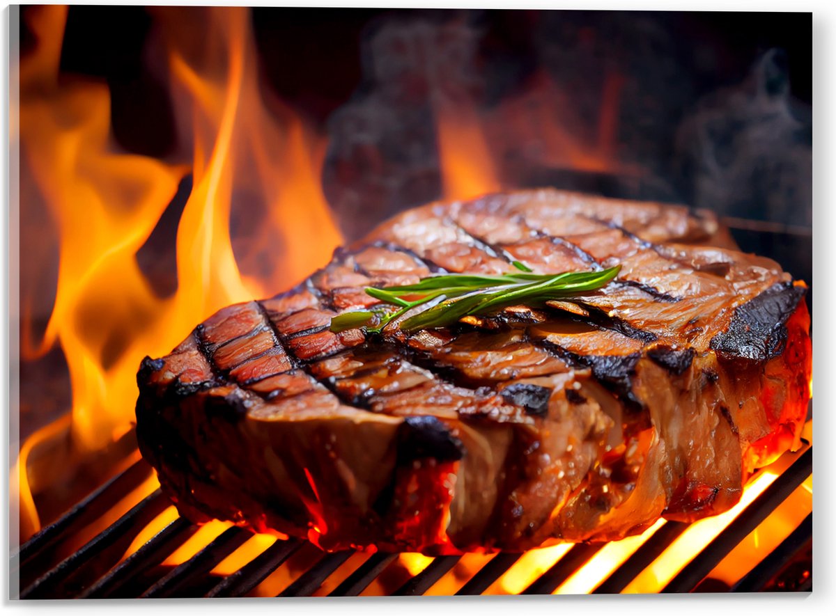 Acrylglas - Brandende Steak op Barbecue - 40x30 cm Foto op Acrylglas (Met Ophangsysteem)