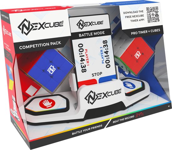 Nexcube competitiepakket met verpakking, twee speedcubes (rood/wit en blauw/wit) en een witte dubbele timer.