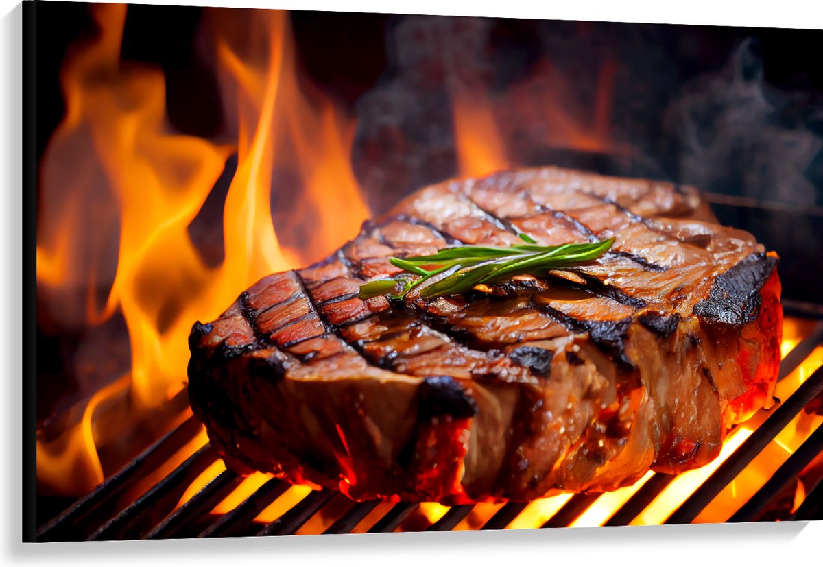 Canvas - Brandende Steak op Barbecue - 120x80 cm Foto op Canvas Schilderij (Wanddecoratie 