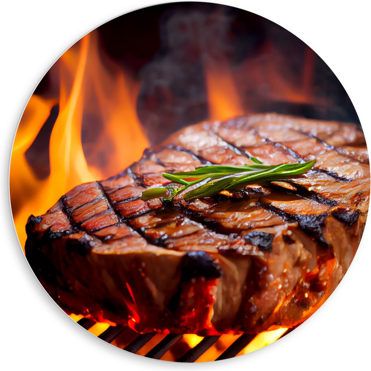 PVC Schuimplaat Muurcirkel - Brandende Steak op Barbecue - 80x80 cm Foto op Muurcirkel (me
