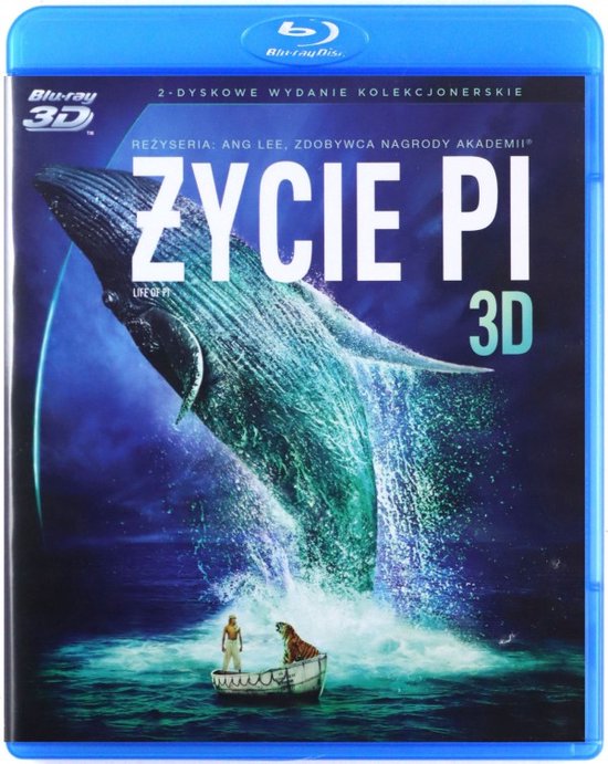 Voorzijde van de Blu-ray hoes van 'Life of Pi 3D'. Een walvis springt uit het water, een man en tijger in een bootje op de voorgrond.