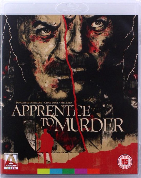 Blu-ray hoes: "Apprentice to Murder" met een gescheurde illustratie van Donald Sutherland en Chad Lowe, met rode en zwarte accenten en tekst.