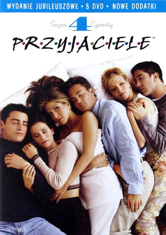 De cast van Friends ligt in een bed. Vlnr: Joey, Monica, Rachel, Chandler, Phoebe, Ross.