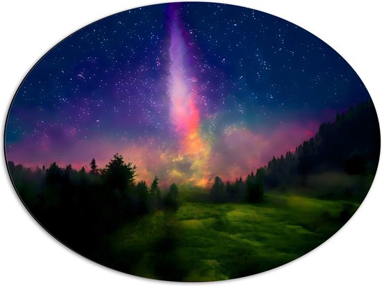 Dibond Ovaal - Melkweg boven Bos in de Nacht - 68x51 cm Foto op Ovaal (Met Ophangsysteem)