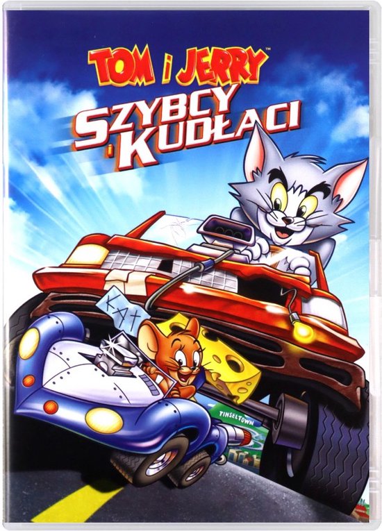 Tom en Jerry racen in snelle auto's, met kaas in het midden.
