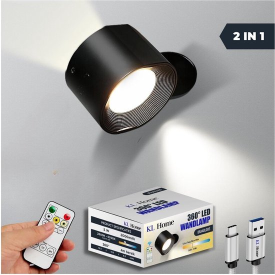 KL Home® - 360° LED Wandlamp oplaadbaar - Incl. afstandbediening - Draadloos - Dimbaar - 3 kleurtemperaturen - Smart touch - Woonkamer/badkamer/slaapkamer/kinderkamer - Trapverlichting