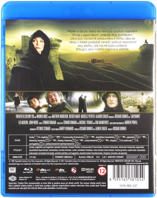 Dos Blu-ray 'Ladyhawke' avec une femme à capuche, Matthew Broderick, Rutger Hauer et Michelle Pfeiffer dans un décor de château.
