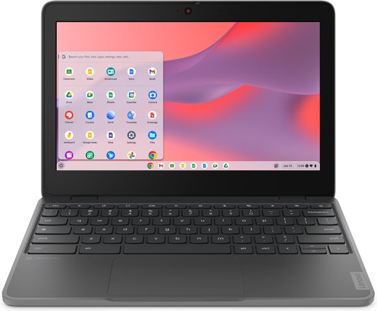 Opengeklapte donkergrijze Chromebook met gestructureerde deksel, Lenovo logo en verlicht scherm met apps.