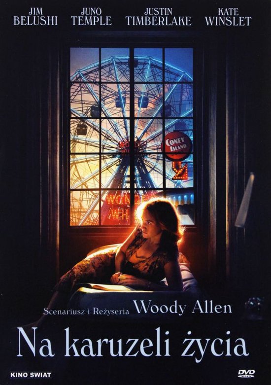 Filmcover 'Wonder Wheel' met Kate Winslet liggend voor een reuzenrad op Coney Island.