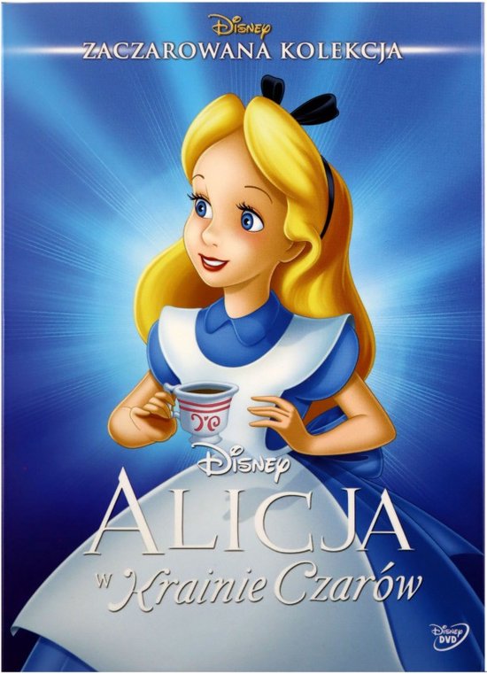Alice, met haar blonde haar, draagt een blauw-wit jurkje en houdt een kopje thee vast. "Alicja w Krainie Czarów" staat groot op de voorkant.
