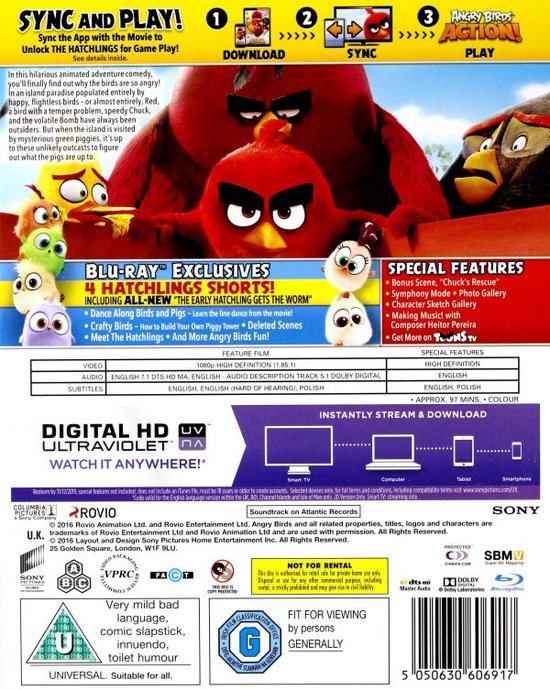 De achterkant van de Blu-ray hoes van The Angry Birds Movie toont Red, Bomb en gele, rode en witte vogels op een blauwe achtergrond.
