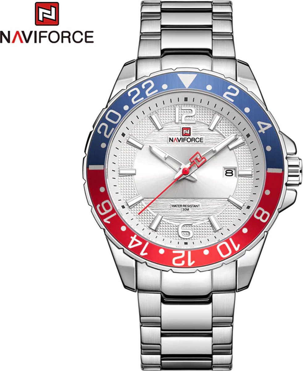 NAVIFORCE horloge voor mannen, met zilveren metalen polsband, zilveren horlogekast en witte wijzerplaat met in het donker oplichtende wijzers ( model 9192 SSW ), verpakt in een mooie geschenkdoos