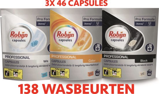 Robijn Pro Formula Wasmiddel Capsules Wit, Zwart en Kleur - 3 Zakken x 46 capsules - Pods - Robijn pods - Wascapsules - Robijn wascapsules - Voordeelverpakking - 138 wasbeurten