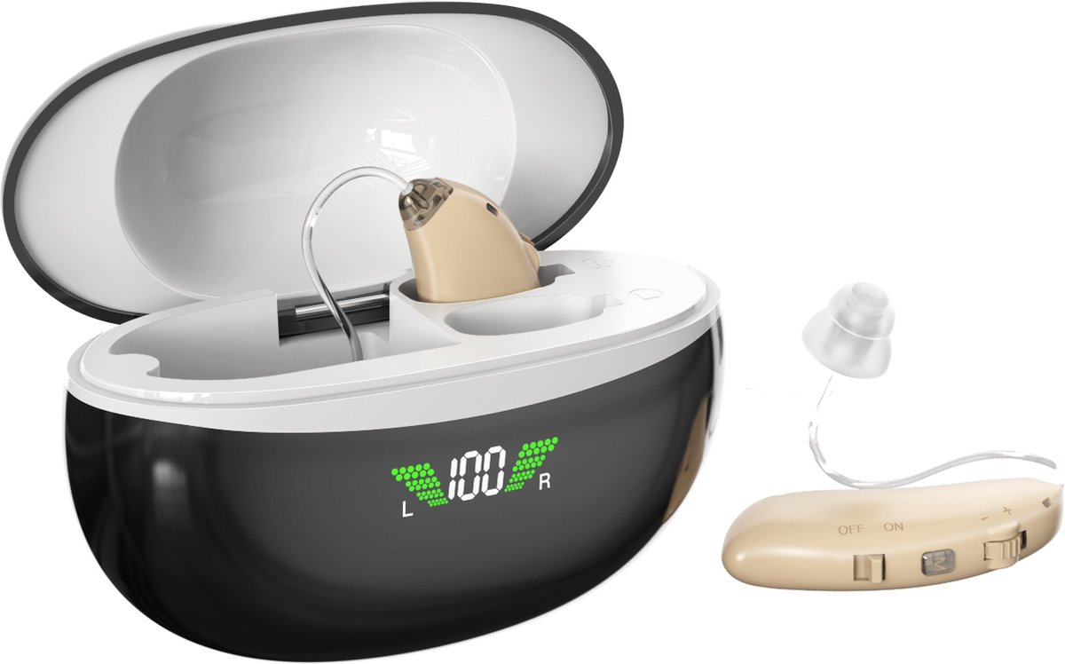 Pro Care Excellent Quality® 2x DSP Intelligent digitaal Gehoorapparaat - Gehoorapparaat oplaadbaar - Gehoorversterker - Met Noise Reduction - 5 Modus - Geluid Reductie - Magnetic oplaadbare LED L/R Box - Voor achter het oor (AHO) - Kleur Beige - Fagg