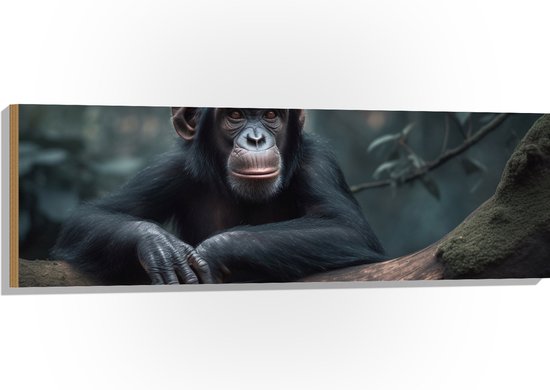 Hout - Chimpansee Aap Rustend op Dikke Boomstronkk - 120x40 cm - 9 mm dik - Foto op Hout (Met Ophangsysteem)