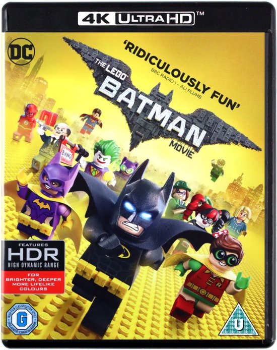 Voorzijde van The Lego Batman Movie 4K Ultra HD Blu-ray. Met Batman, Robin, Batgirl, Joker, Harley Quinn en andere Lego-personages op een gele achtergrond.