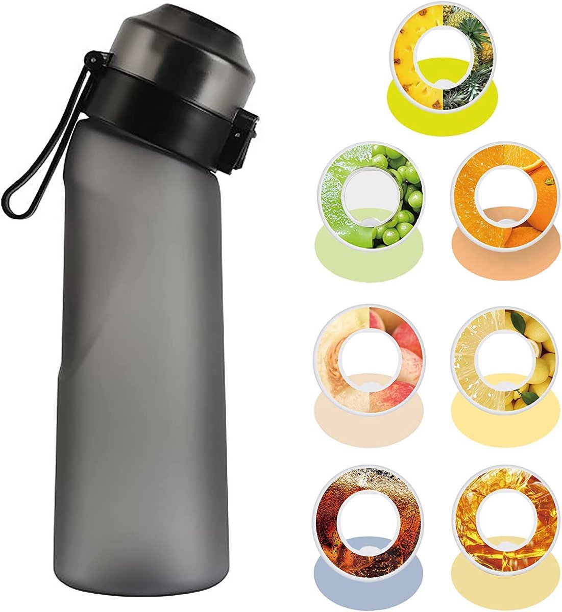 Geurwater Drinkfles - Water Bottle Up - Geur Air Waterfles - Inclusief 7 Pods - Mat Zwart - 650 ml - Tritan - BPA-vrij - Starterskit - Ananas - Citroen - Cola - Groene Druiven - Perzik - Red Bull - Sinaasappel - Bottle Up
