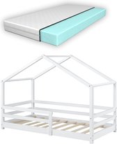 Kinderbed Maxine - Grenen - Huisbed - Met matras en valbescherming - 80x160 cm - Wit - Voor meisjes - Voor jongens - Voor kinderen