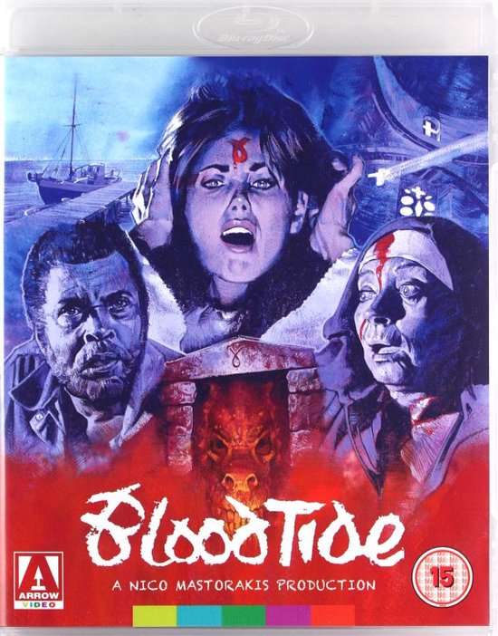 Drie angstige gezichten met rode symbolen op hun voorhoofden, boven een demonische muil. De titel "Blood Tide" is groot weergegeven.