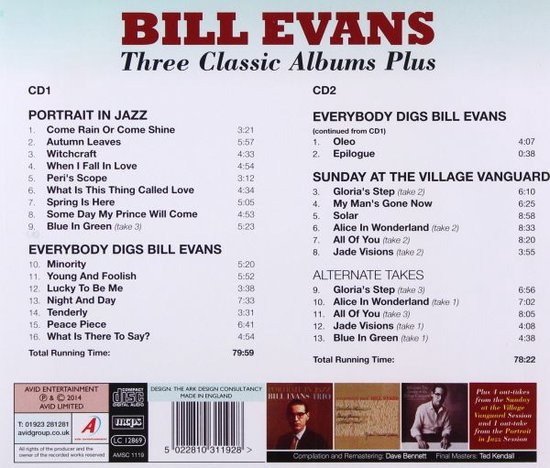 Three Classic Albums Plus (Portrait In Jazz / Everybody Digs Bill Evans / Sunday At The Village Vanguard) [2CD]