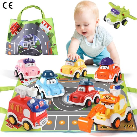 Set van 8 Kleurrijke Frictie-aangedreven Kleine Auto's met Opbergtas - Educatief Speelgoed voor Baby's en Peuters van 1-5 Jaar, Geweldig Cadeau voor Jongens en Meisjes