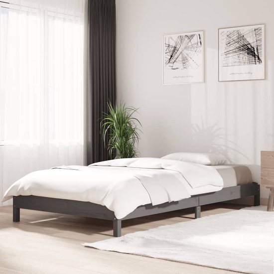 The Living Store Stapelbaar Bed Massief Grenenhout - Grijs - 206.5 x 106.5 x 22 cm - 100 x 200 cm