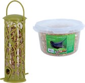 Vogel voedersilo met zitstokjes groen kunststof 27 cm inclusief 4-seizoenen mueslimix vogelvoer - Vogel voederstation