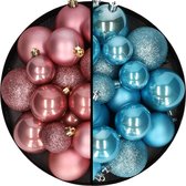 Kerstballen 60x stuks - mix oudroze/ijsblauw - 4-5-6 cm - kunststof - kerstversiering
