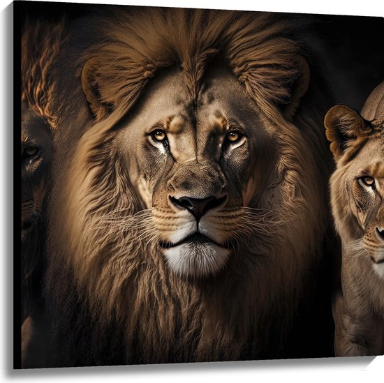 Canvas - Portretfoto van Drietal Prachtige Leeuwen - 100x100 cm Foto op Canvas Schilderij (Wanddecoratie op Canvas)
