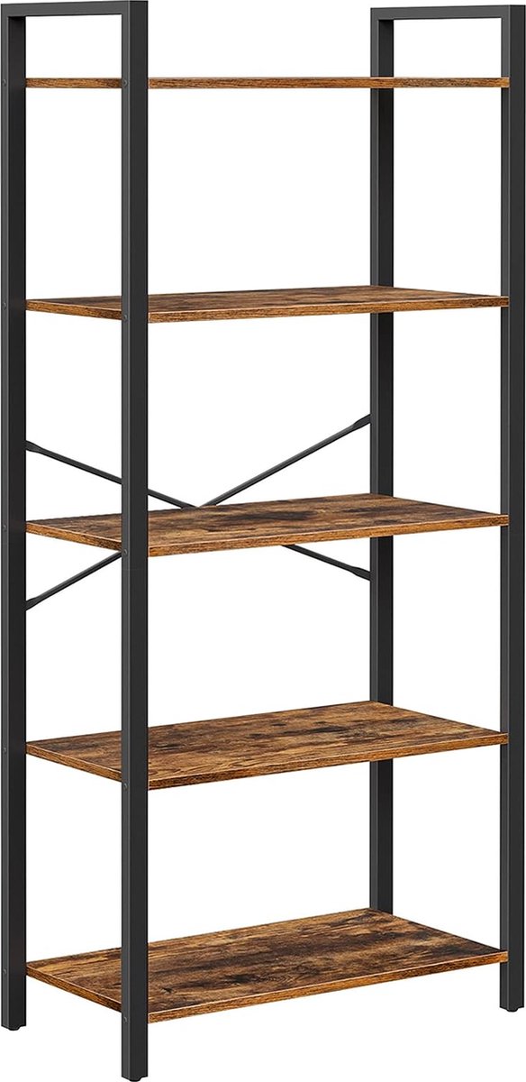 FurnStar 5-laags Planken - Boekenkast met stalen frame - Voor woonkamer kantoor studeerkamer hal - Industrieel ontwerp - Rustiek - 66x30x153cm - Bruin-Zwart