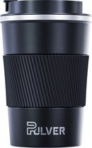 Pulver Koffiebeker to go - Thermosbeker - Lekvrij, RVS & Dubbelwandig Koffie Beker / mok- 380ml - Extra rubberen laag - travel mug - Zwart