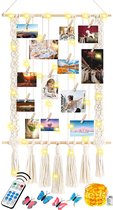 Macramé Wandkleed Fotohanger met 16 Mini Knijpers - Handgemaakt Fotorek\Fotokader Memobord - Fotolijst Collage Kaartenhouder - Boho Woonkamer Fotohouder -Woonkamer Wanddoek Tapestry Fotoslinger -Slaapkamer Fotoslinger - Fotodraad Decoratie