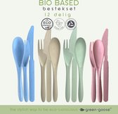 green-goose® Bio-based Bestek | 4 Sets | Blauw, Groen, Crème, Roze | Duurzaam Bestek voor School, Picknick, Vakantie, Camping | Vaatwasserbestendig