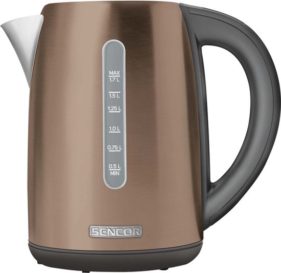 Koperkleurige Sencor waterkoker met zwarte handgreep en 1,7 liter inhoudsindicator.