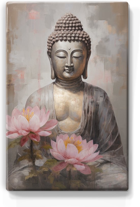 Boeddha met bloemen - Mini Laqueprint - 9,6 x 14,7 cm - Niet van echt te onderscheiden handgelakt schilderijtje op hout - Mooier dan een print op canvas. - LPS516