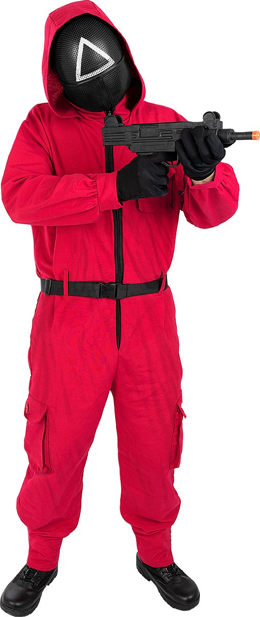 Funidelia | Squid Game kostuum en masker met driehoek Officieel Netflix voor vrouwen en mannen, Il gioco del calamaro - Kostuum voor Volwassenen Accessoire verkleedkleding en rekwisieten voor Halloween, carnaval & feesten - Maat M - L - Rood