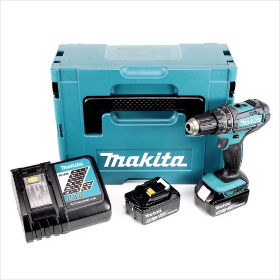 Ensemble de perceuse Makita avec boîte turquoise, perceuse, chargeur et 2 batteries.