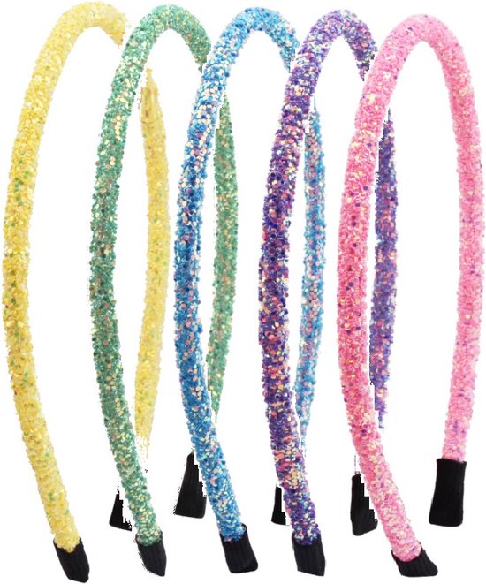 5 Stuks - Glitters Meisjes Haarbanden - Diadeem - Mintgroen, Blauw, Paars, Roze en Geel