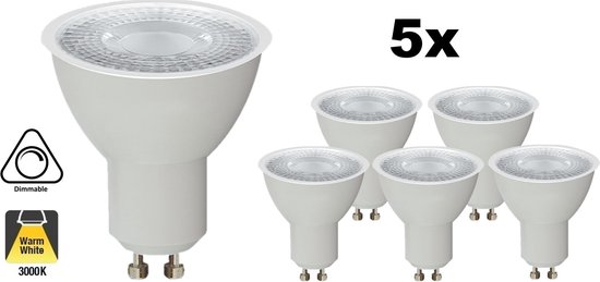 5 PACK - GU10 LED Spot WIT 7w, 560 Lumen, 3000K Warm Wit, Dimbaar, Lichthoek: 60°