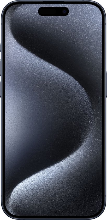 Blauwe iPhone 15 Pro, voorkant met dynamisch achtergrondeffect.