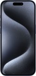 Blauwe iPhone 15 Pro, voorkant met dynamisch achtergrondeffect.