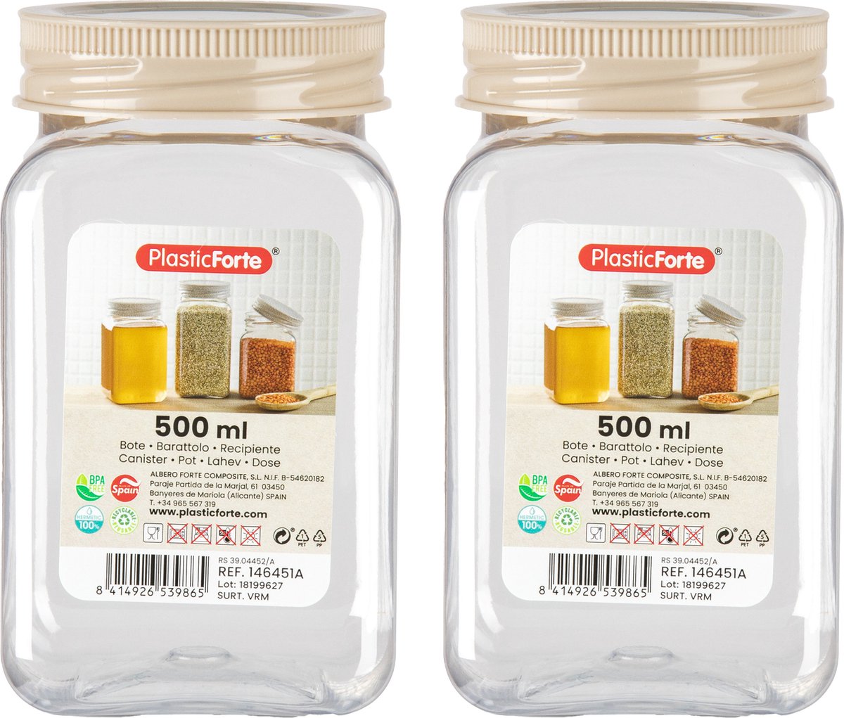 PlasticForte Voorraadpot/bewaarpot - 2x - 500 ml - kunststof - beige - B7 x H13 cm