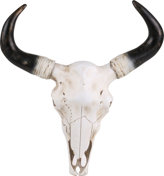 Natural Living Stieren/koeien schedel met hoorns wanddecoratie - wit/zwart - kunststof - 37 x 40 x 9 cm