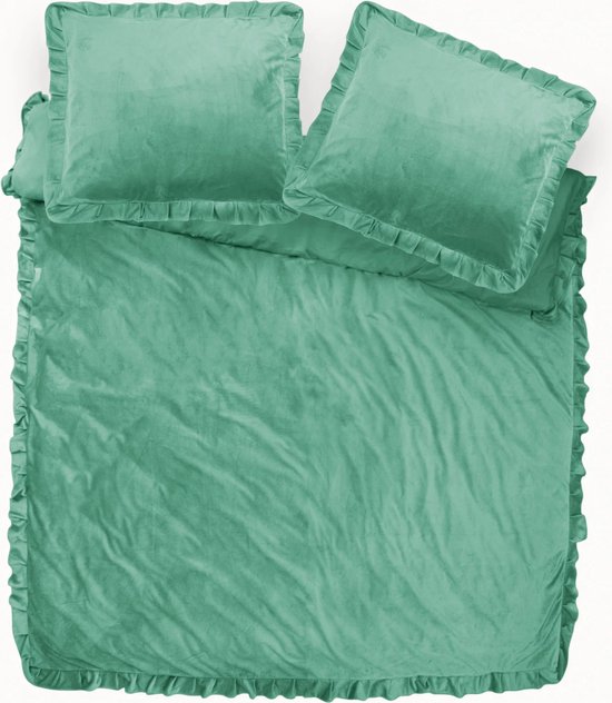 Fluweel zachte velvet dekbedovertrek ruches groen - 200x200/220 (tweepersoons) - super fijn slapen - stijlvolle uitstraling - luxe kwaliteit - met handige drukknopen