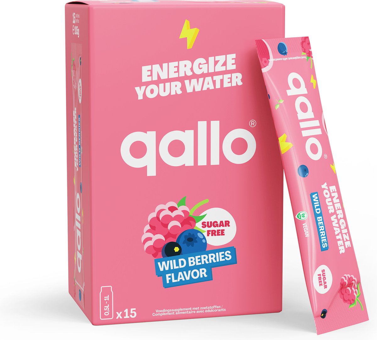 Qallo Energy Drink Poeder Wild Berries - 15 zakjes - Vegan Suikervrije Energizer - Met Vitamine B - Inhoud 15 x 7gr