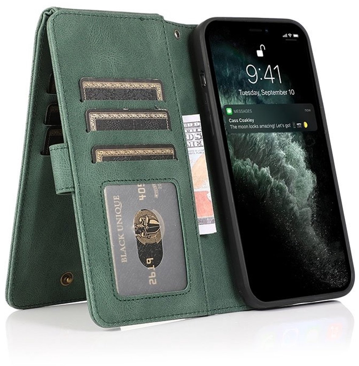 Zacht Leren geschikt voor iPhone 15 Pro Max Wallet Hoesje - groen