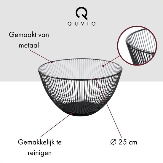 Zwarte metalen fruitschaal met verticale spijlen, diameter 25 cm.